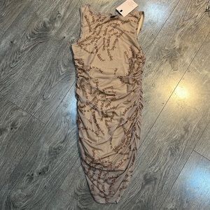 Brown/Tan Ruched Tank Midi Dress